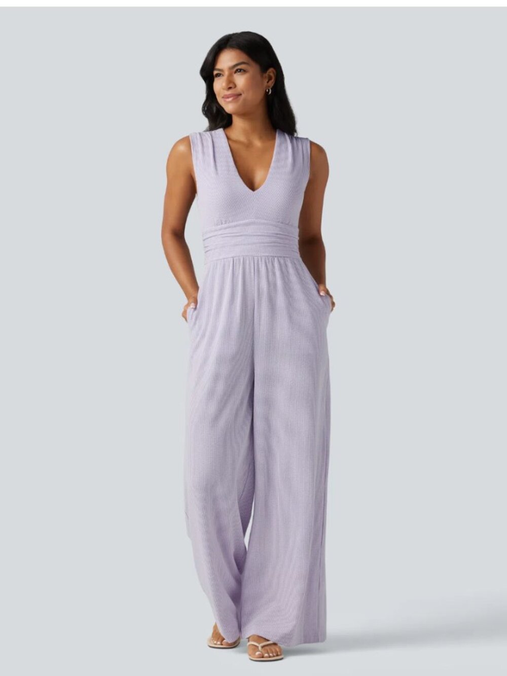V Neck Sleeveless Built-in Bra Stripe Casual Jumpsuit with Pockets-Easy Peezy Ed